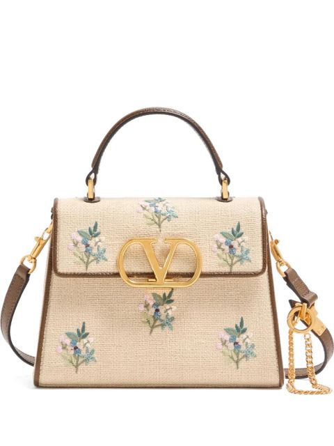 Valentino Garavani VSling small handbag in linen with embroidery - Neutrals - zdjęcie produktu nr 1