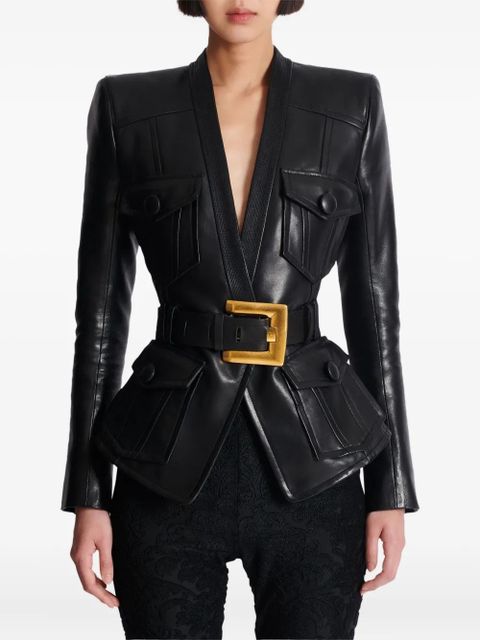 Balmain belted leather jacket - Black