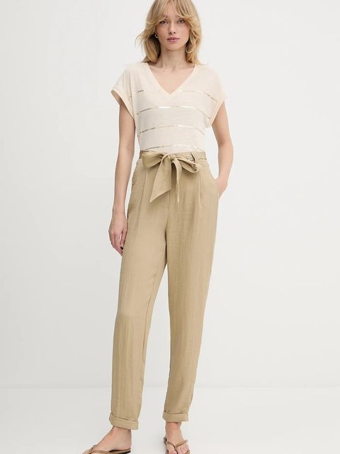 Morgan spodnie damskie kolor beżowy proste high waist PAVIK