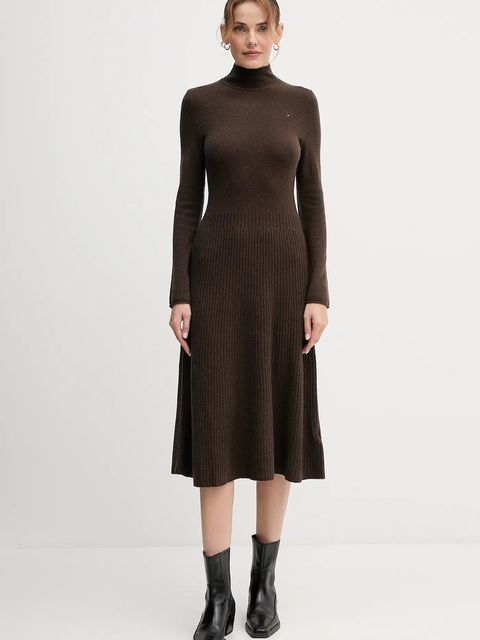 Tommy Hilfiger sukienka wełniana kolor brązowy midi rozkloszowana WW0WW47303 - zdjęcie produktu nr 1