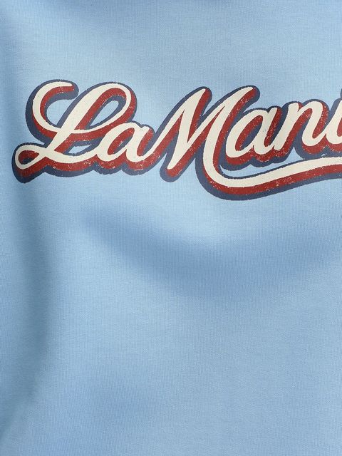 La Mania bluza TAE damska kolor niebieski z kapturem z nadrukiem TAE