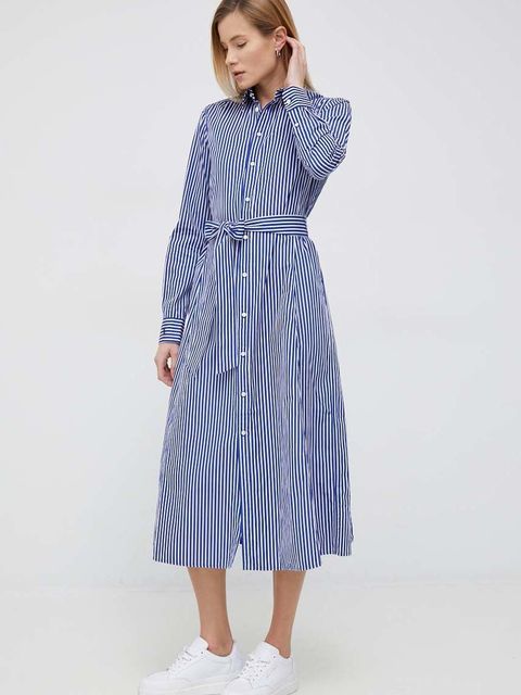 Polo Ralph Lauren sukienka bawełniana kolor niebieski midi rozkloszowana - zdjęcie produktu nr 1