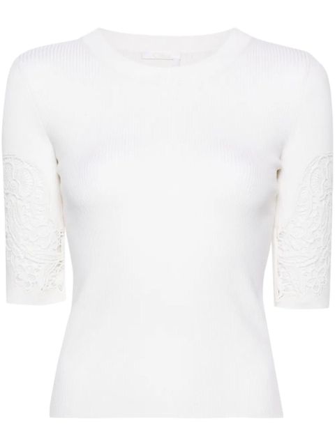 Chloé lace-panelled ribbed-knit T-shirt - Neutrals - zdjęcie produktu nr 1