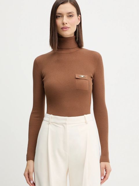Elisabetta Franchi sweter z dodatkiem jedwabiu damski kolor brązowy lekki z golfem MK11B56E2