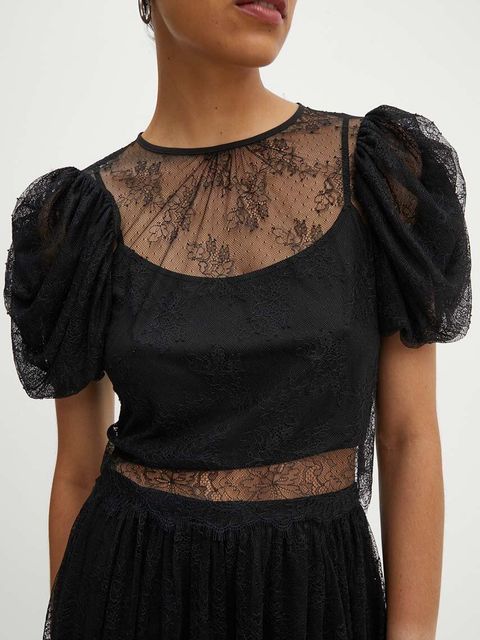 Rotate bluzka Lace Puff Sleeve Top damska kolor czarny gładka 112727100