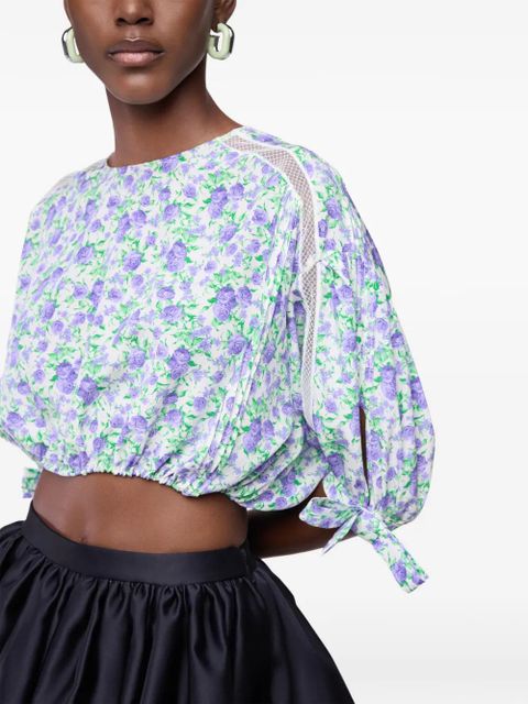 Rabanne floral puff-sleeved crop top - Purple