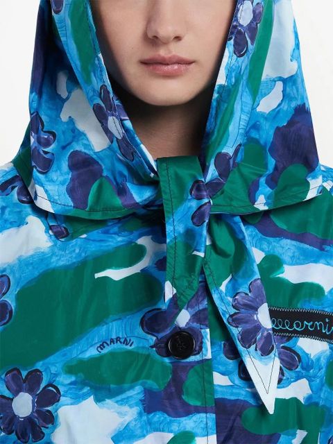 Marni all-over floral-print hooded coat - Blue