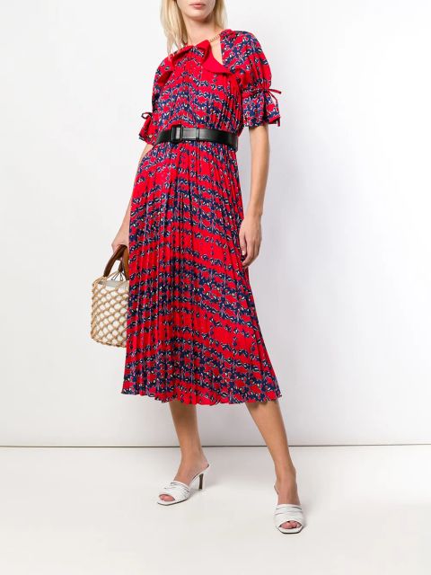 Self-Portrait pleated short-sleeve flared dress