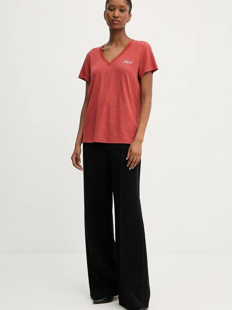 Karl Lagerfeld t-shirt lniany damski kolor czerwony A3W17070