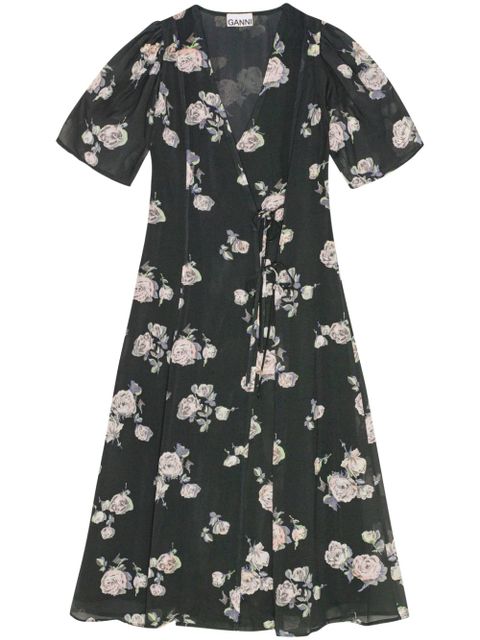 GANNI floral-print crepe wrap midi dress - Black - zdjęcie produktu nr 1