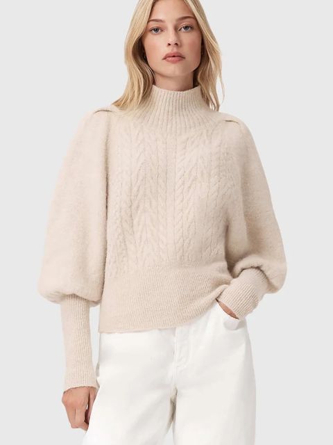 AllSaints sweter z dodatkiem alpaki damski kolor brązowy z półgolfem W090KD - zdjęcie produktu nr 1