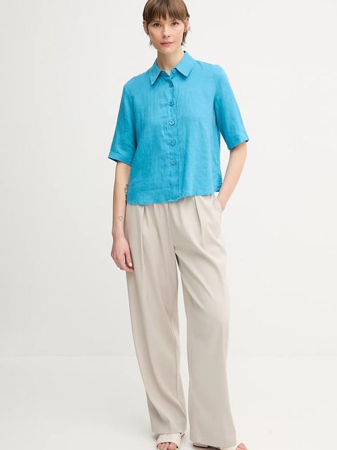 United Colors of Benetton koszula lniana kolor niebieski regular z kołnierzykiem klasycznym