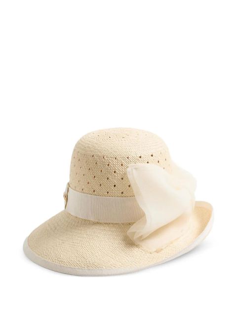 Valentino Garavani VLogo Signature hat in perforated panama with organza bow - Neutrals