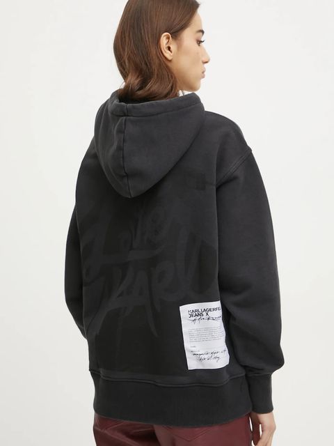 Karl Lagerfeld Jeans bluza bawełniana damska kolor czarny z kapturem z nadrukiem A1W20093