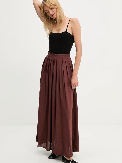 Answear.LAB spódnica z lnem kolor brązowy maxi rozkloszowana