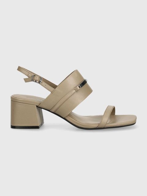 Calvin Klein sandały skórzane HEEL SANDAL 45 MET BAR LTH kolor beżowy HW0HW02056