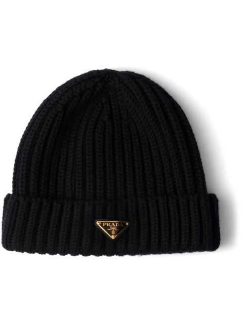 Prada triangle-logo ribbed beanie - Black - zdjęcie produktu nr 1