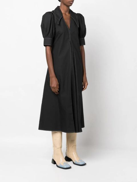 GANNI puff-sleeved box-pleat dress - Black