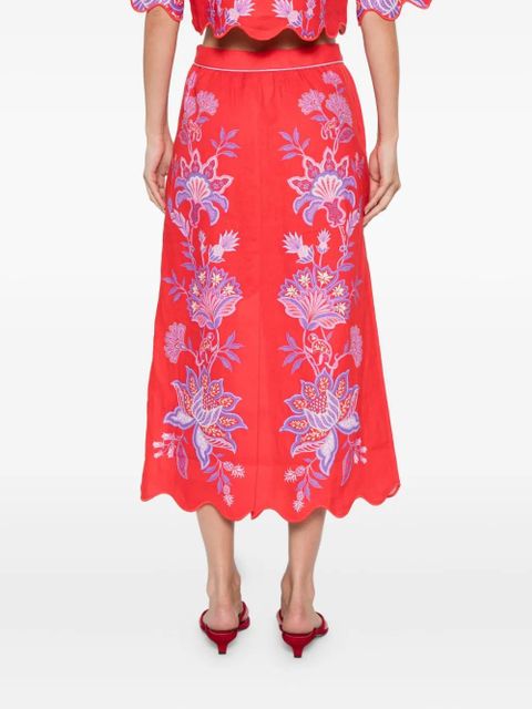 FARM Rio Porcelain Garden embroidered scallop-hem midi skirt
