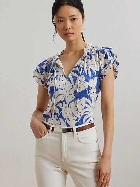 Lauren Ralph Lauren bluzka lniana damska kolor niebieski wzorzysta 200976992 - zdjęcie produktu nr 1