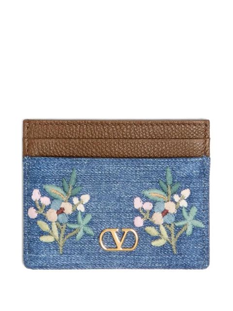 Valentino Garavani VLogo Signature card holder in denim with floral embroidery - Brown - zdjęcie produktu nr 1