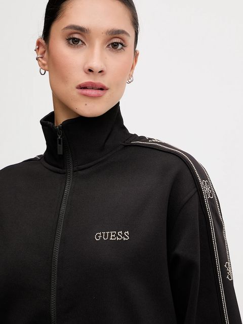 Guess bluza OCTAVIA damska kolor czarny z kapturem z aplikacją V5BQ15 KCX22