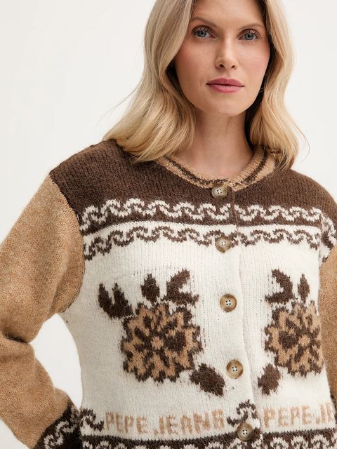 Pepe Jeans kardigan z dodatkiem wełny damski kolor brązowy ciepły PL7000040