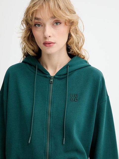 HUGO bluza bawełniana damska kolor zielony z kapturem gładka 50535240