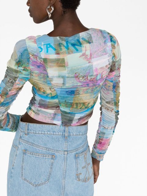 GANNI Wild Orchid-print mesh top - Blue