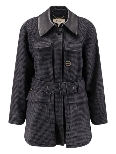 Chloé leather-collar houndstooth-pattern trench - Grey - zdjęcie produktu nr 1