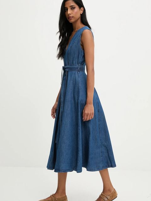 Answear.LAB sukienka jeansowa kolor niebieski midi rozkloszowana