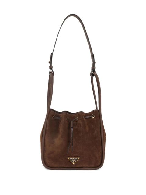 Prada small logo-plaque drawstring tote bag - Brown
