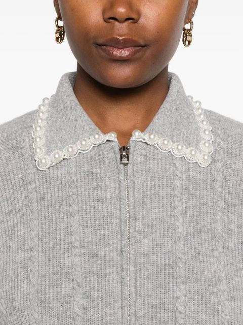 SANDRO pearl-embellished cable-knit cardigan - Grey