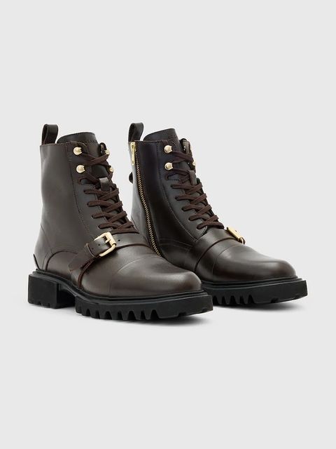 AllSaints workery skórzane Tori Boot damskie kolor brązowy na płaskim obcasie W119FB