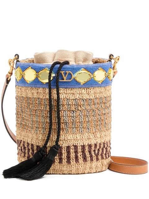 Valentino Garavani Valentino Garavani small raffia embroidered bucket bag - Neutrals - zdjęcie produktu nr 1