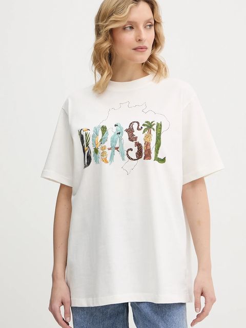 Farm Rio t-shirt bawełniany damski kolor beżowy 344380 - zdjęcie produktu nr 1