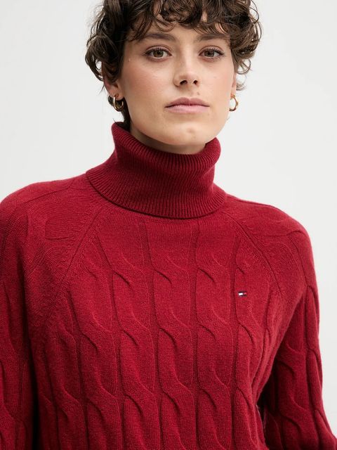 Tommy Hilfiger sweter wełniany damski kolor bordowy lekki z golfem WW0WW46791