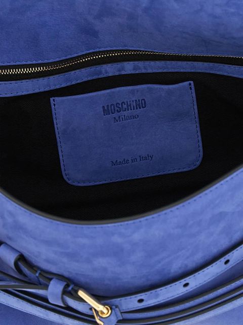 Moschino Tie Me embossed-logo suede shoulder bag - Blue