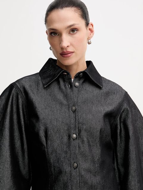 Rotate koszula jeansowa damska kolor czarny regular z kołnierzykiem klasycznym 114961100