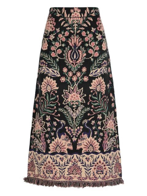 FARM Rio floral-print fringed-trim midi skirt - Black - zdjęcie produktu nr 1
