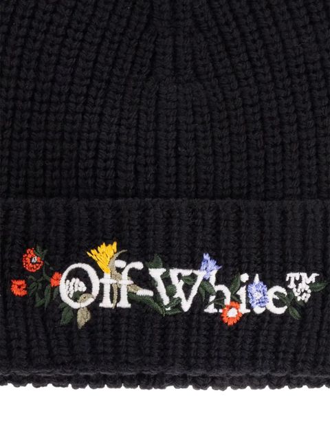 Off-White floral-embroidered ribbed beanie hat - Black