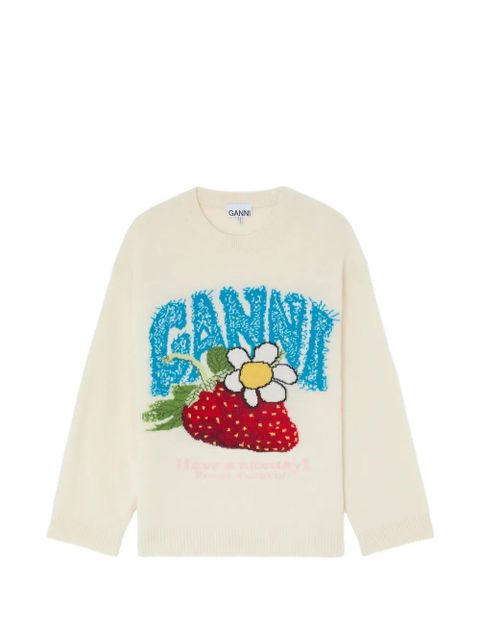 GANNI strawberry-motif intarsia-knit sweater - Neutrals - zdjęcie produktu nr 1