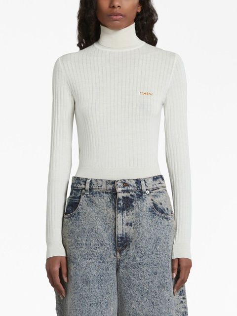 Marni logo-embroidered ribbed jumper - White