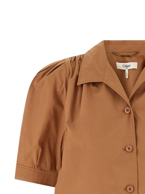 Chloé logo-embroidered gathered shirt - Brown