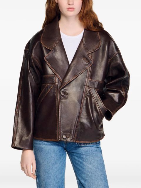 SANDRO oversized leather jacket - Brown