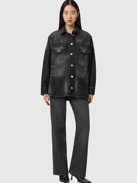AllSaints koszula jeansowa damska kolor czarny regular z kołnierzykiem klasycznym W094PD