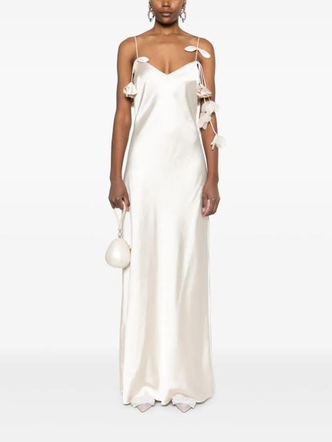 Self-Portrait floral-appliqué satin maxi dress - Neutrals