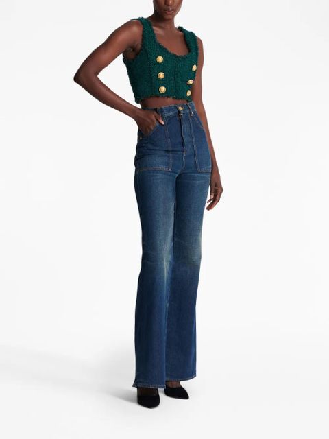Balmain 6-Buttons tweed cropped top - Green