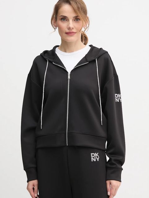 Dkny bluza KNIT JACKET damska kolor czarny z kapturem gładka P5ME7CNY