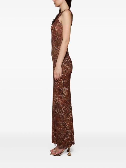 LOEWE Feather-print fringe maxi dress - Brown